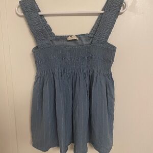 Blue Smocked Sleeveless Top 100% linen Size M feminine